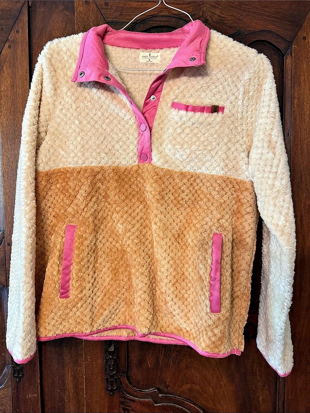 Simply Southern Color Block Teddy pullover Brown & Pink Medium